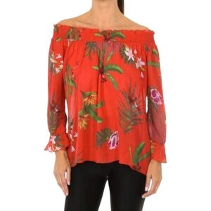 Desigual Smocked Neckline Peasant Style Floral Off-Shoulder Red Blouse Size S